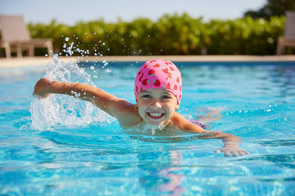 Girl wearing pink strawberry swim cap in pool