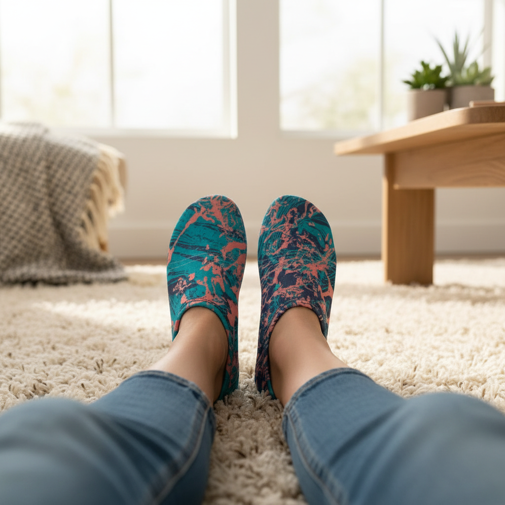 Girl wearing turquoise and coral marble flexy shoes at home