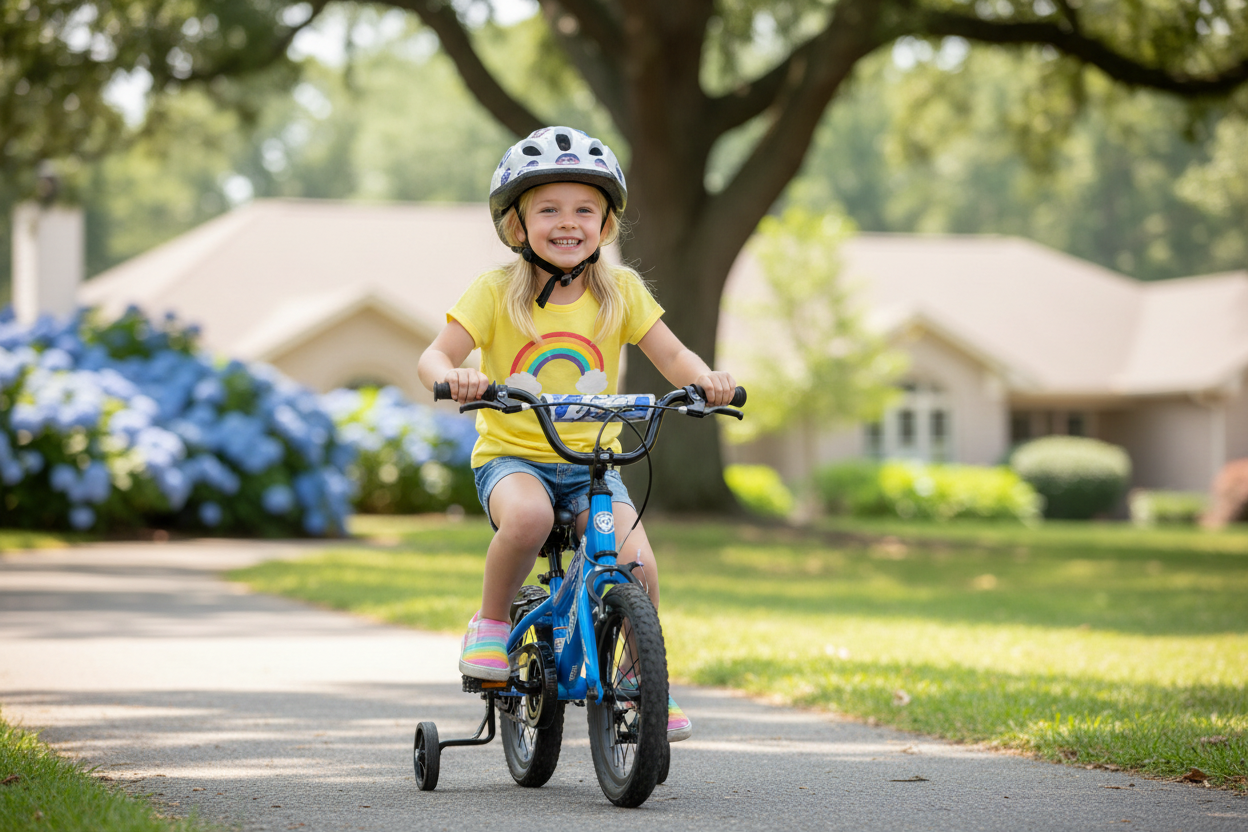 Girl wearing white helmet on bicycle