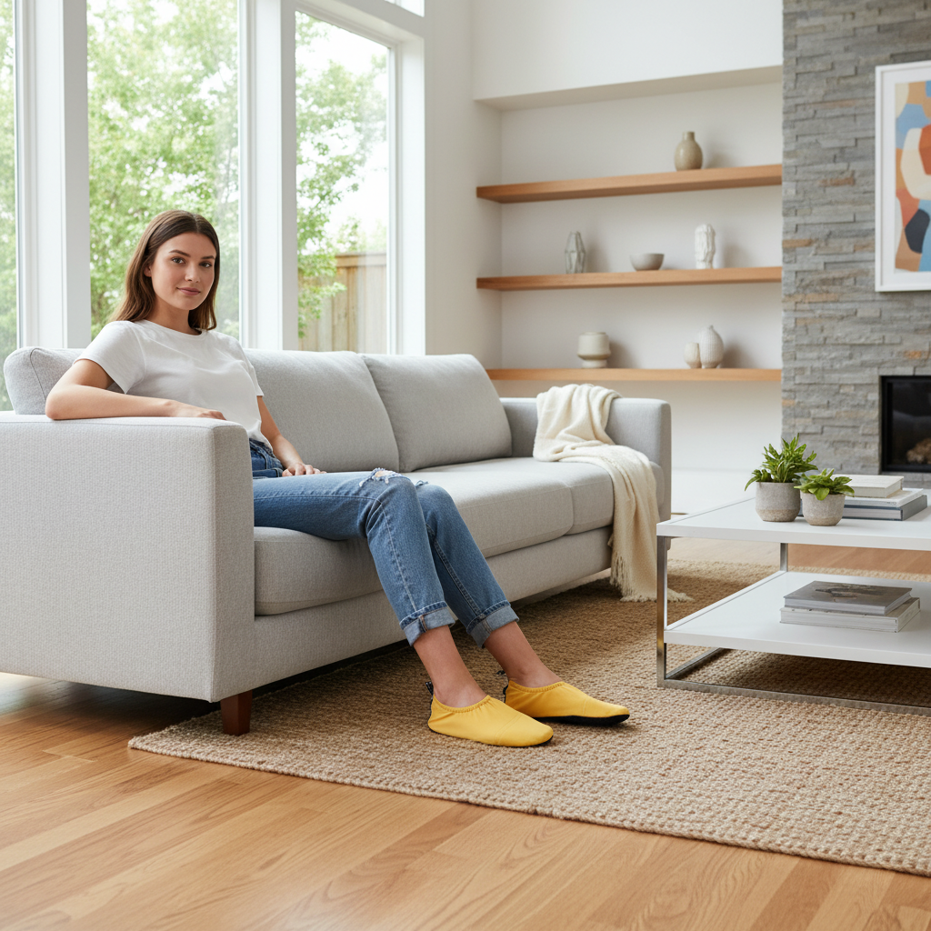 Girl wearing yellow water shoes indoors