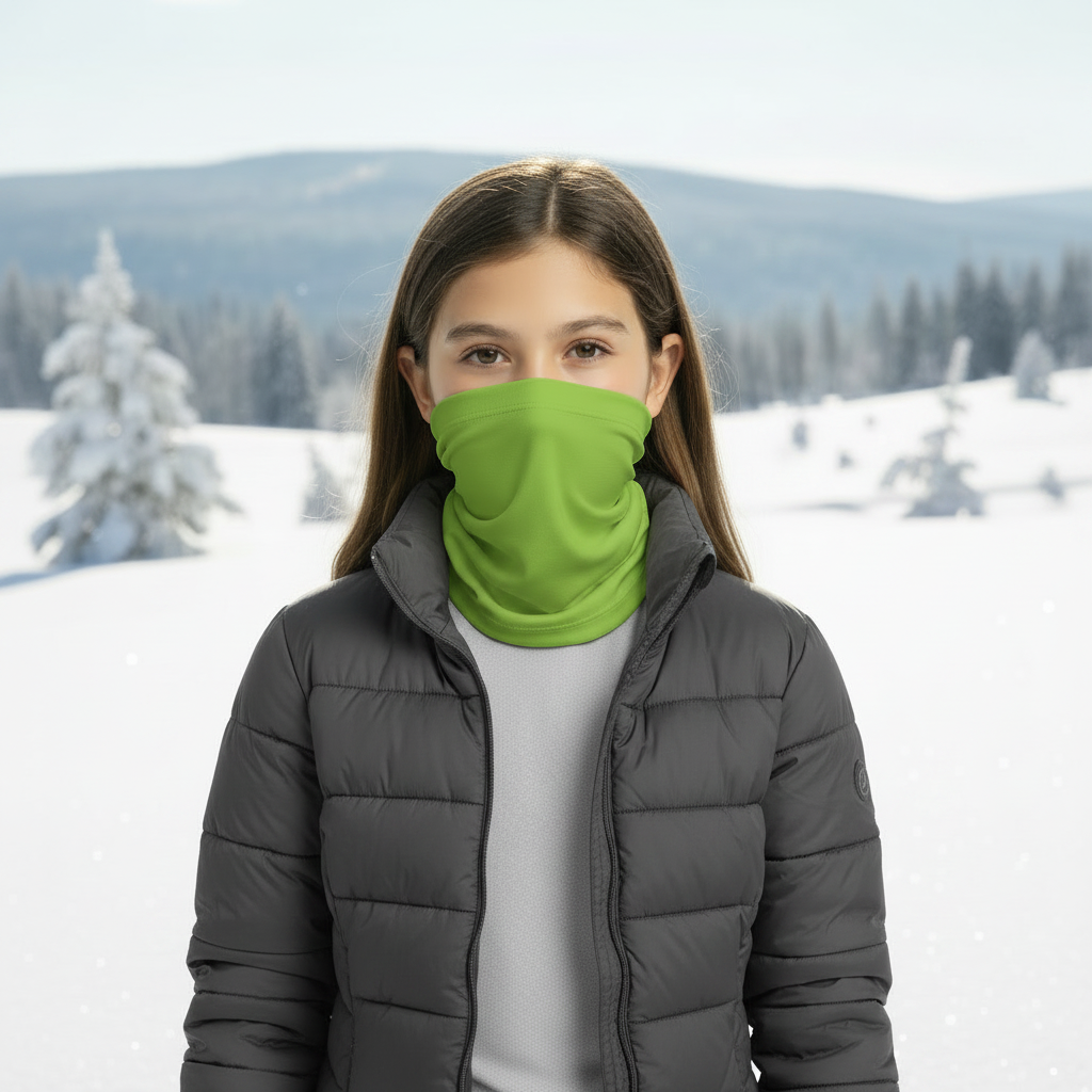 Girl with green gaiter in nature wearing jacket