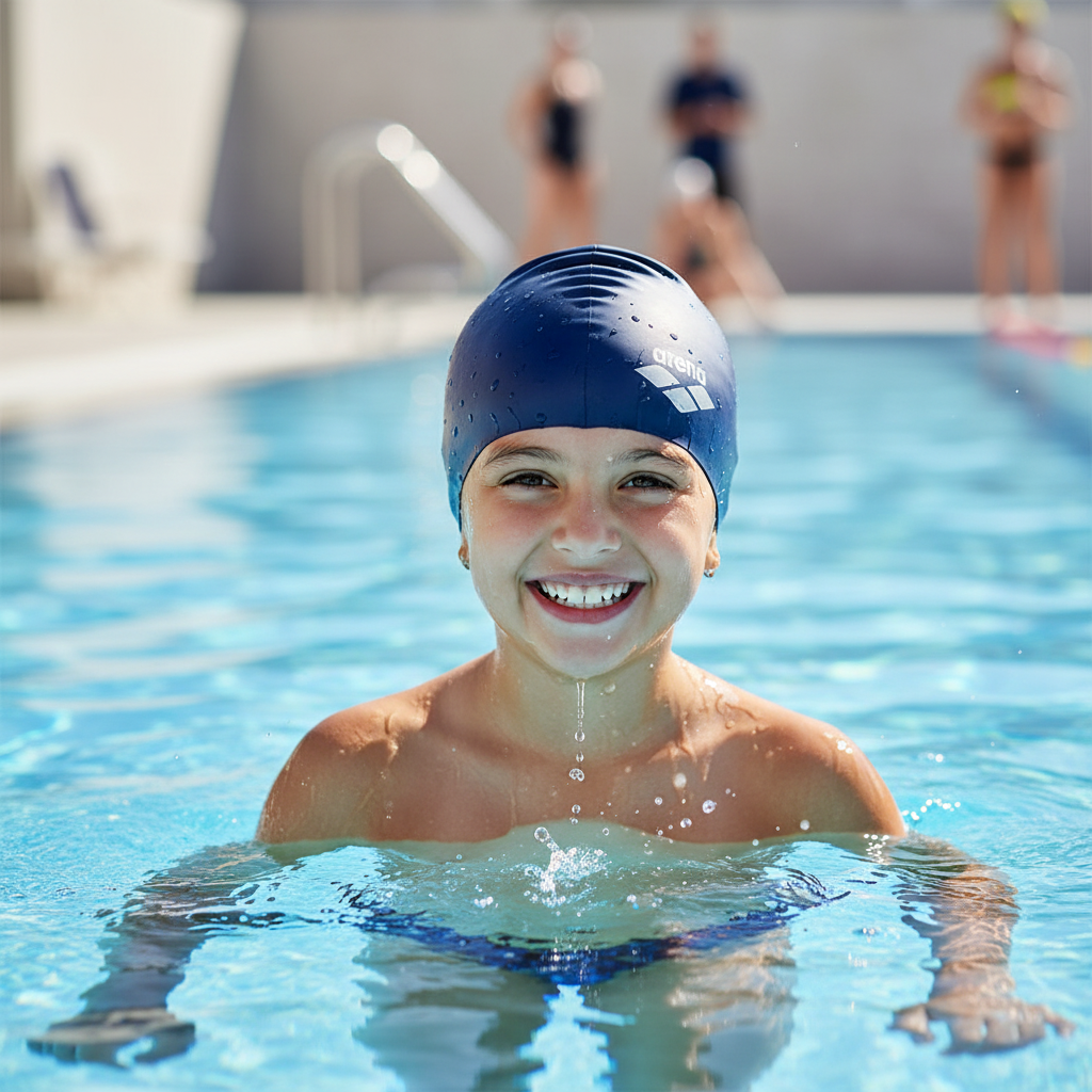 Girl with navy Arena swim cap
