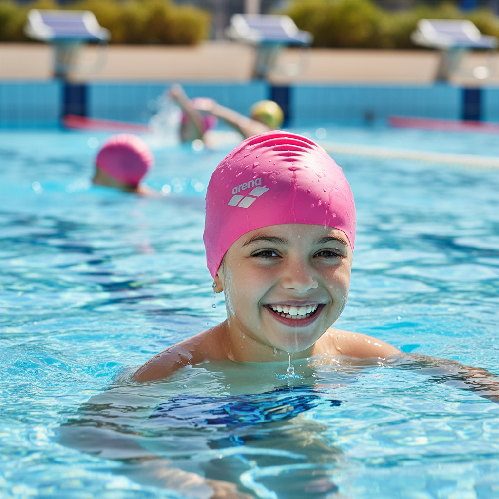 Girl with pink Arena swim cap at pool