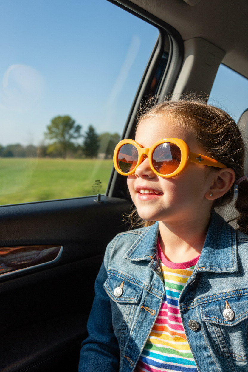 Girl with round yellow sunglasses in the car