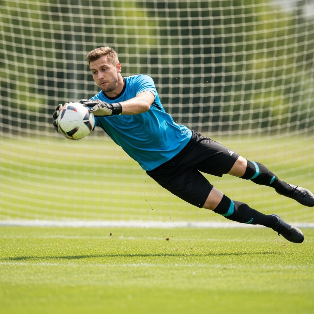 Goalkeeper in action wearing turquoise blue Peak jersey