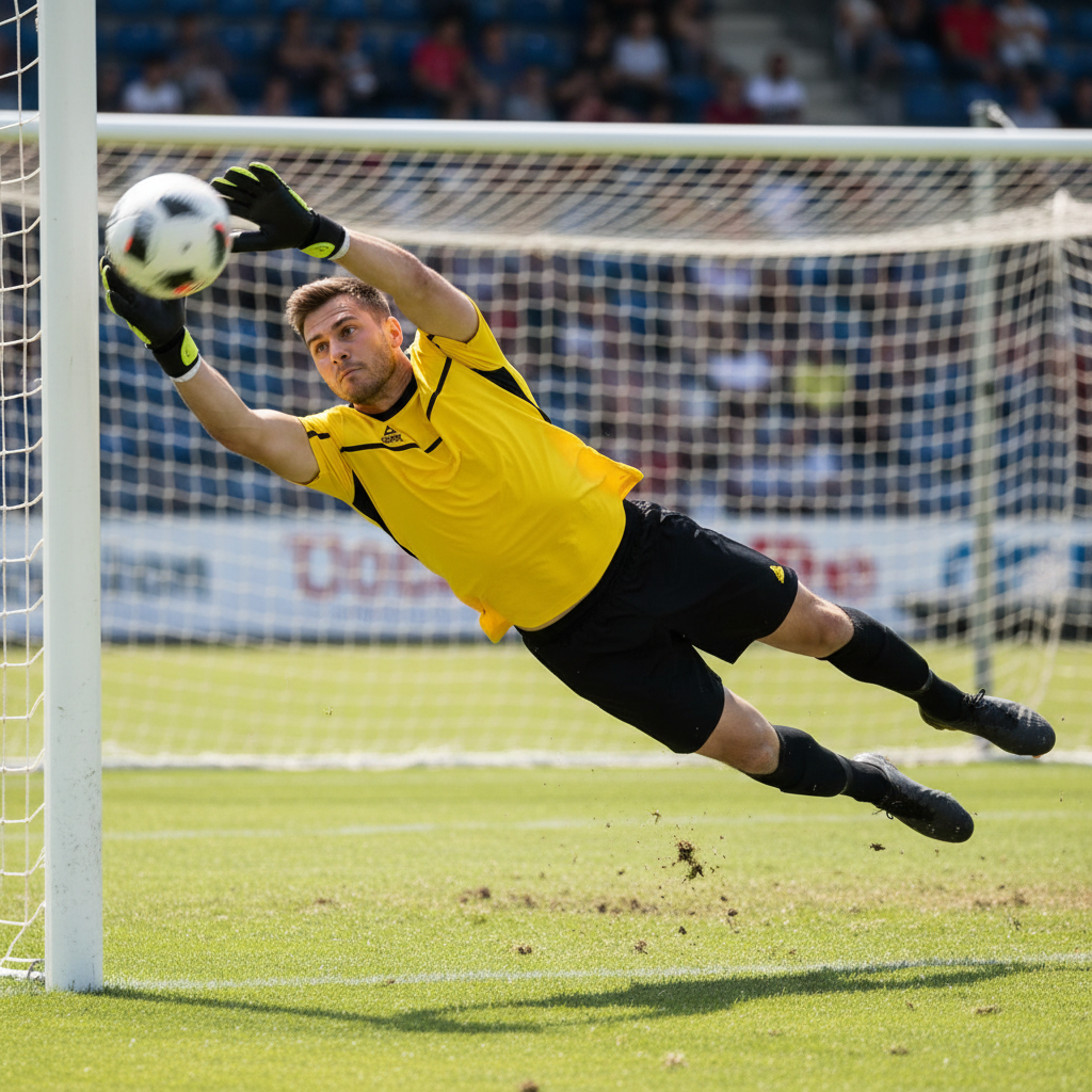 Goalkeeper in action wearing yellow and black Peak jersey