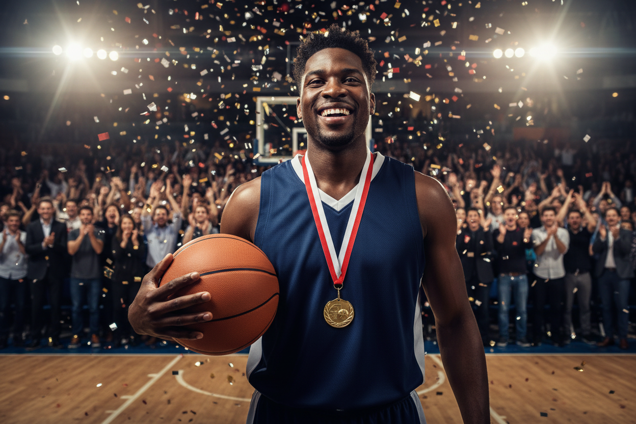Gold basketball medal lifestyle photo on court