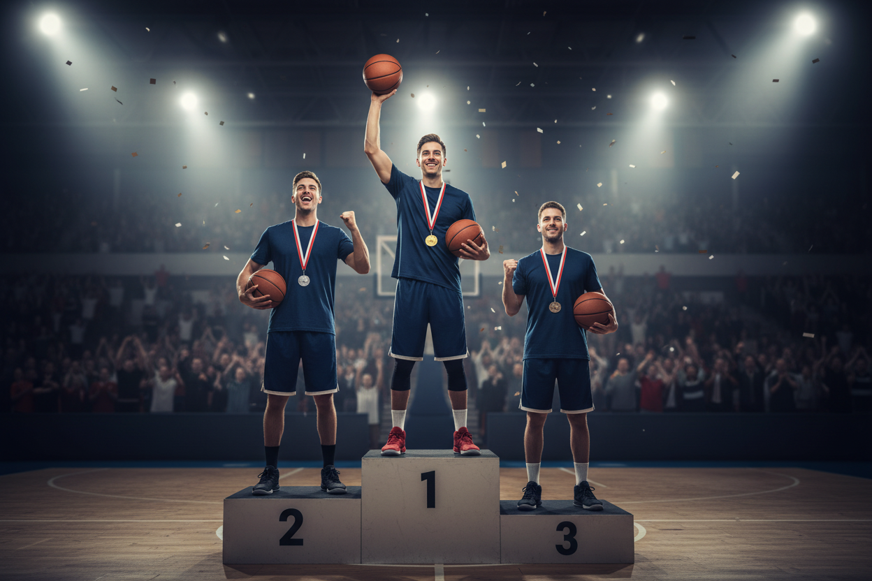 Gold silver bronze basketball medals podium shot