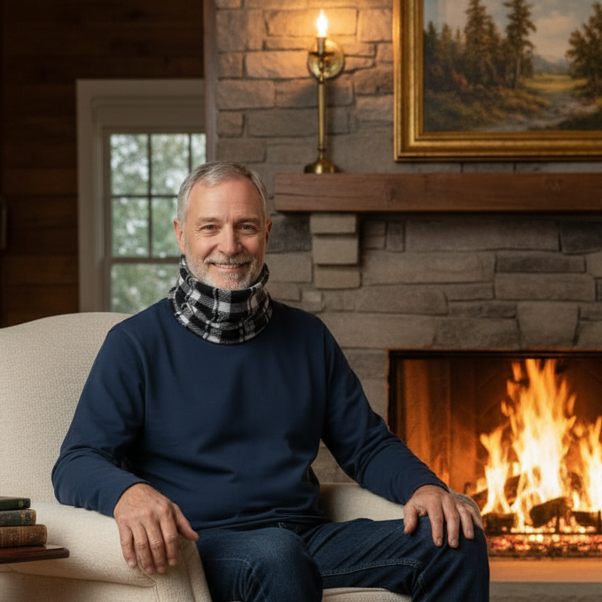 Grandfather near a fireplace