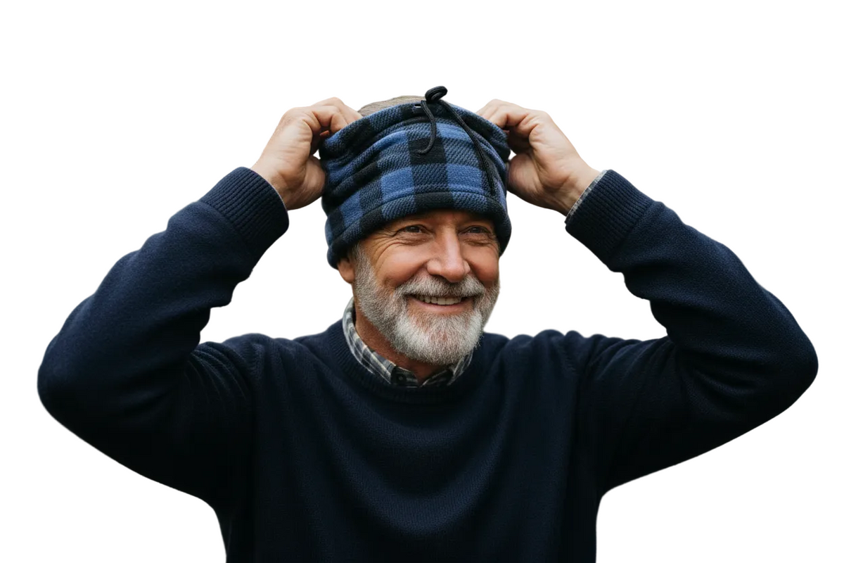 Grandfather putting the blue-and-black plaid headgear on his head