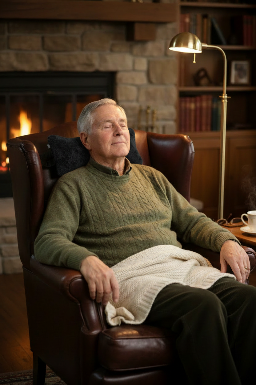 Grandfather relaxing with black fleece pillow