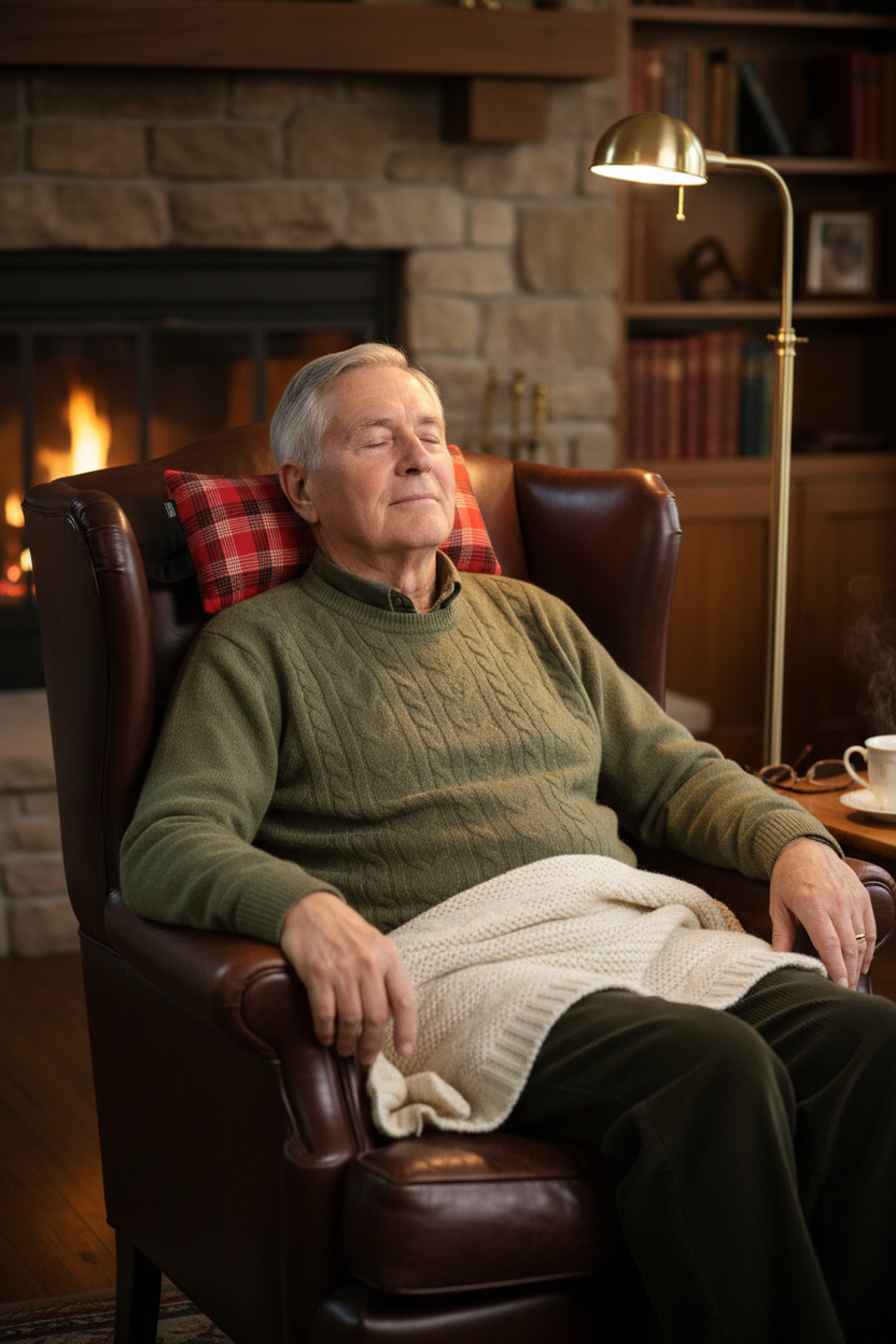 Grandfather relaxing with red plaid pillow