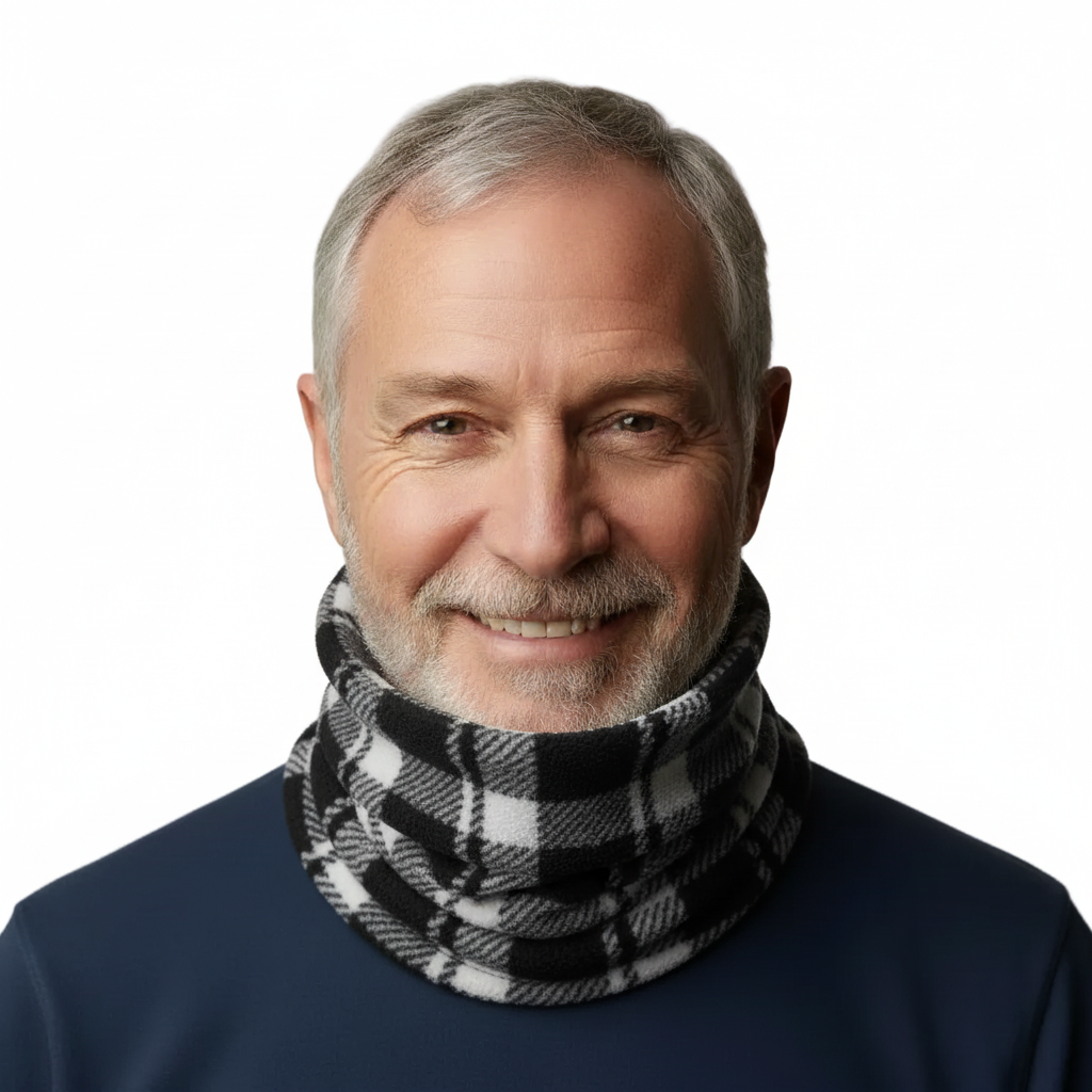 Grandfather wearing the black-and-white headgear