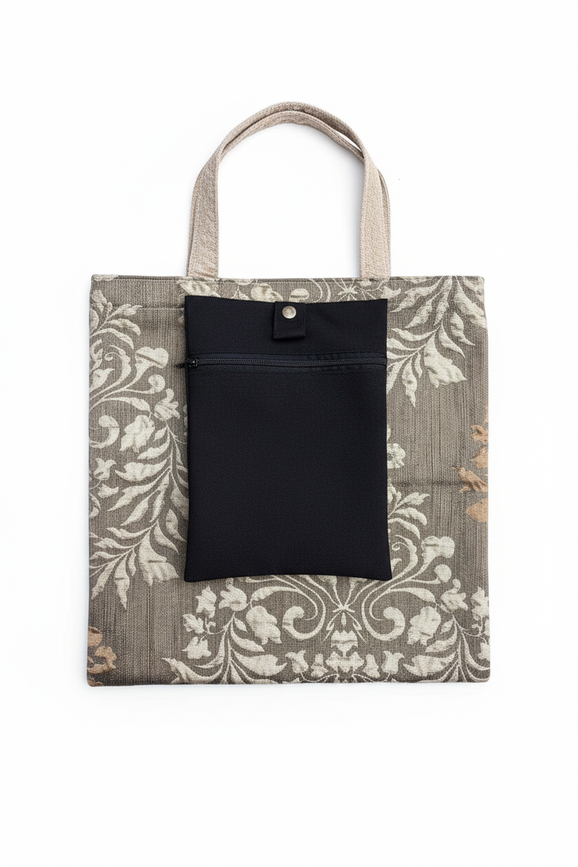 Gray damask tote bag with black pouch on white background
