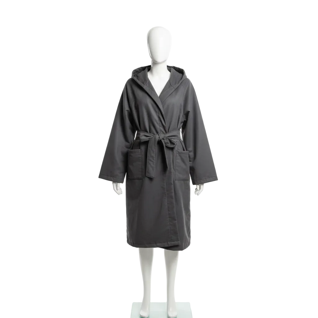Gray hooded bathrobe on mannequin with white background