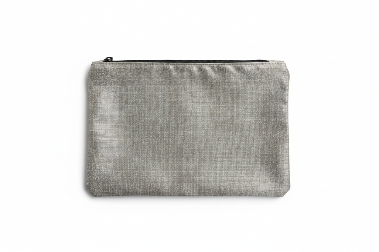Gray textured pouch on white background