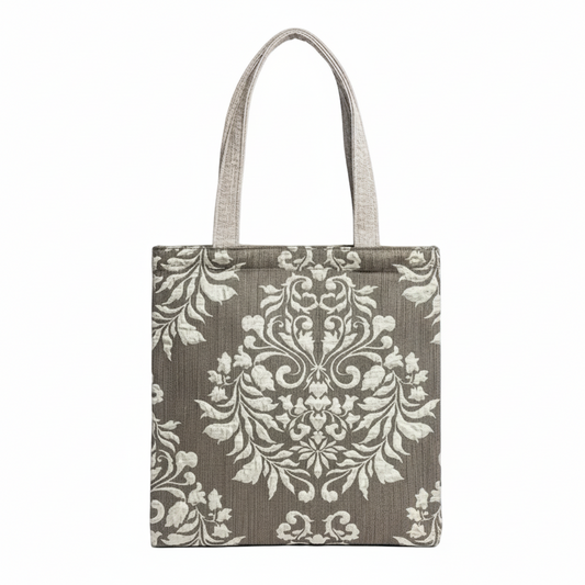 Gray tote bag with silver damask pattern on white background