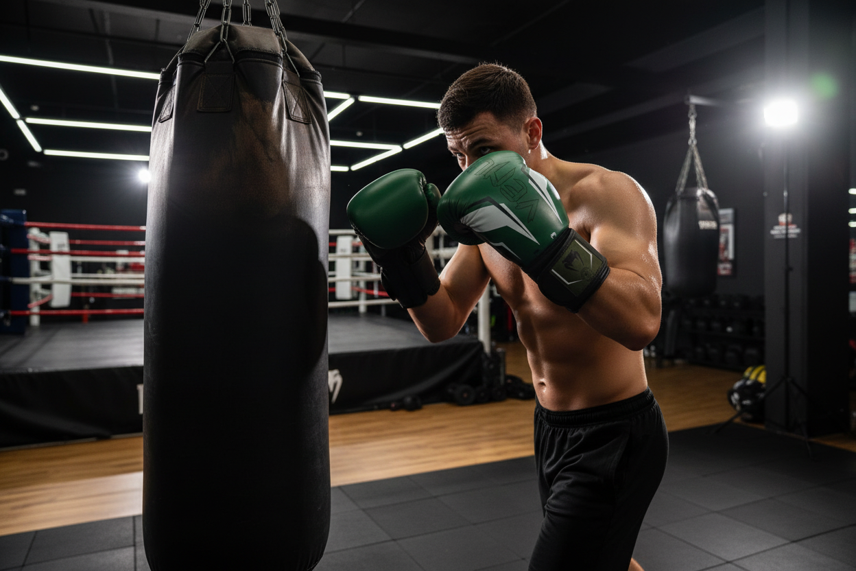 Green and black Venum boxing gloves lifestyle shot