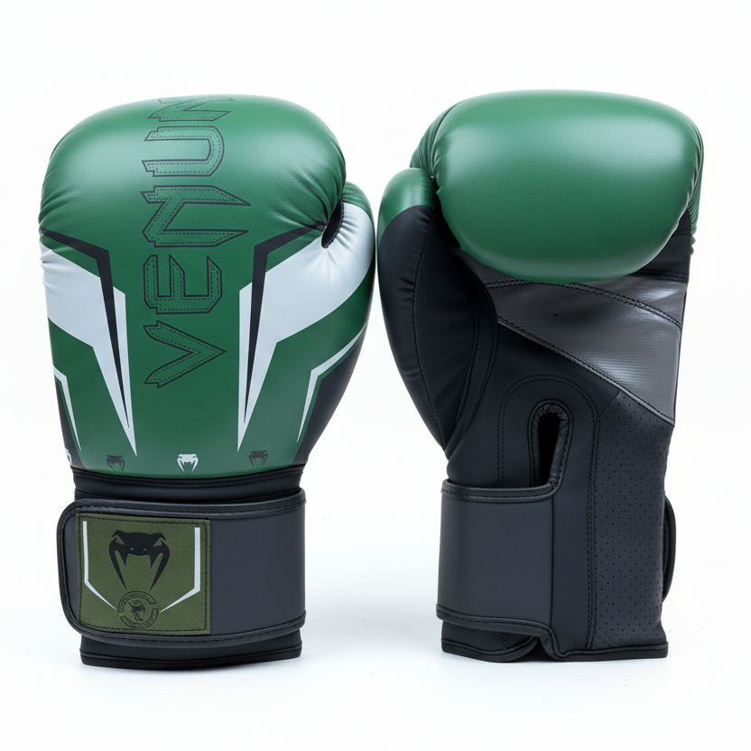 Green and black Venum boxing gloves on white background
