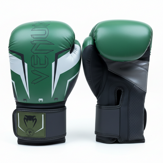 Green and black Venum boxing gloves on white background