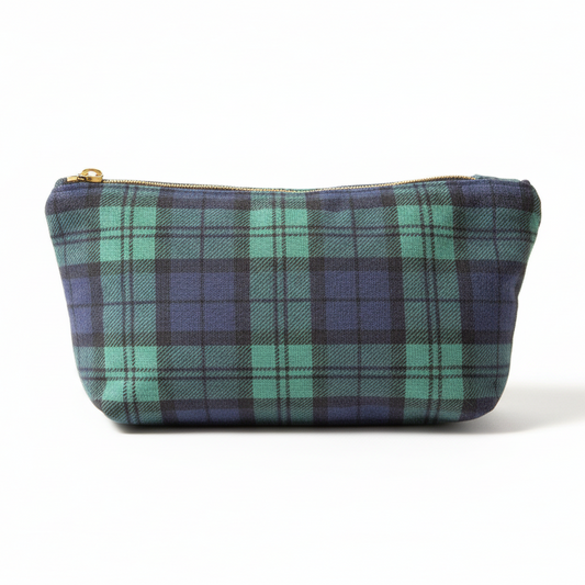 Green and purple plaid clutch pouch on white background
