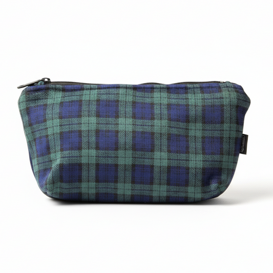 Green and purple plaid clutch pouch with black zipper on white background