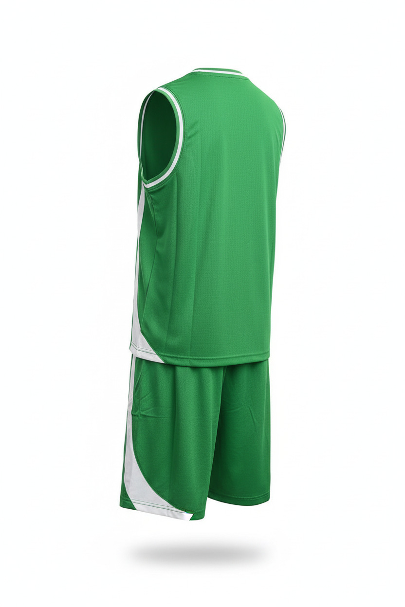 Green and white basketball uniform back view ghost mannequin