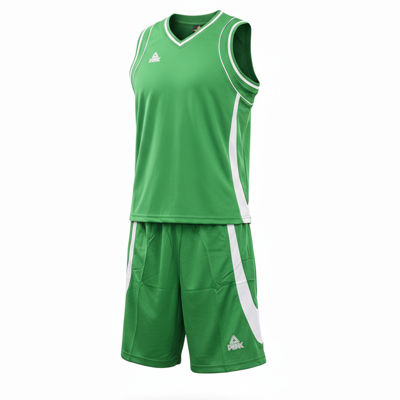 Green and white basketball uniform front view ghost mannequin