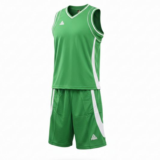 Green and white basketball uniform front view ghost mannequin