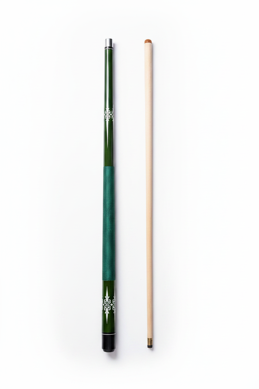 Green Billiard Cue Two-Piece White Background