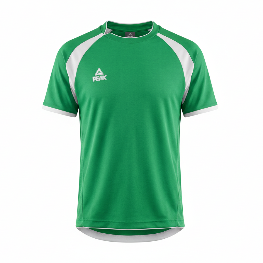 Green PEAK t-shirt with white raglan sleeves and trim on white background