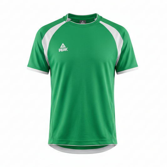 Green PEAK t-shirt with white raglan sleeves and trim on white background