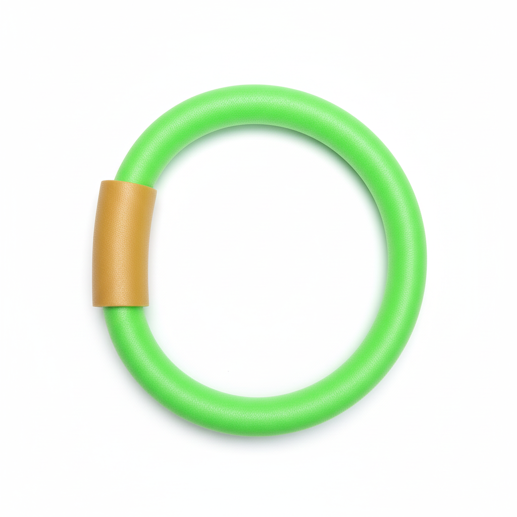 Green pool noodle ring with gold connector on white background