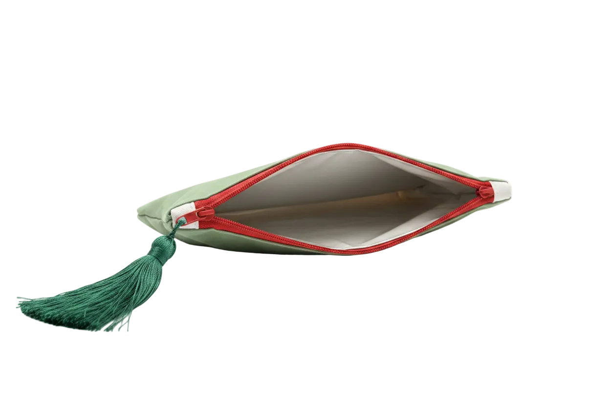 Green Silk Zipper Pouch Open — White Background