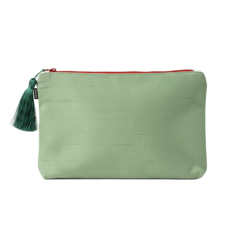 Green Silk Zipper Pouch — White Background