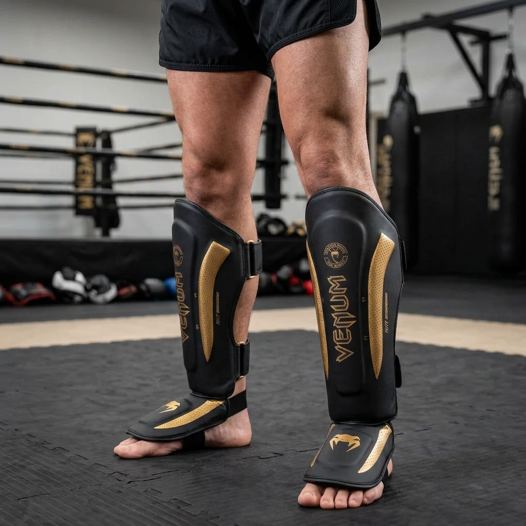 Gym lifestyle photo featuring black-and-gold Venum shin guards