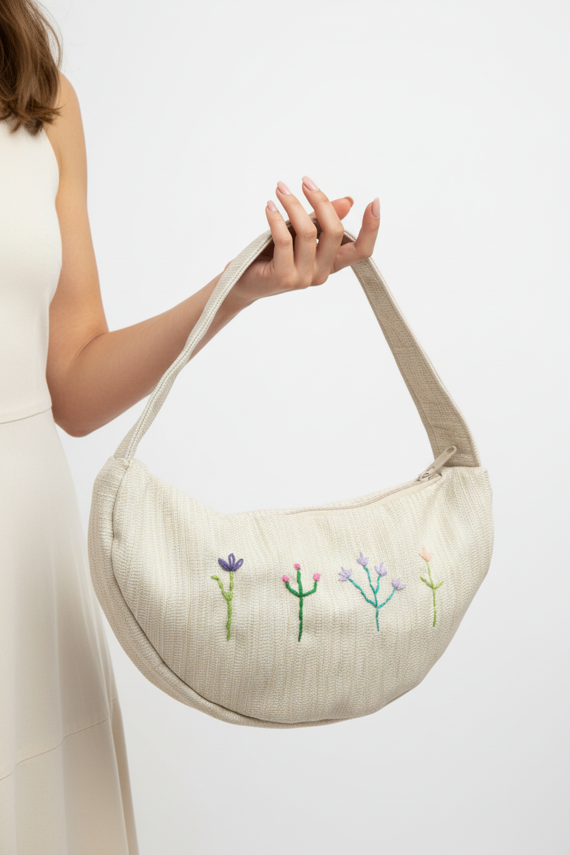 Hand holding cream embroidered flower handbag