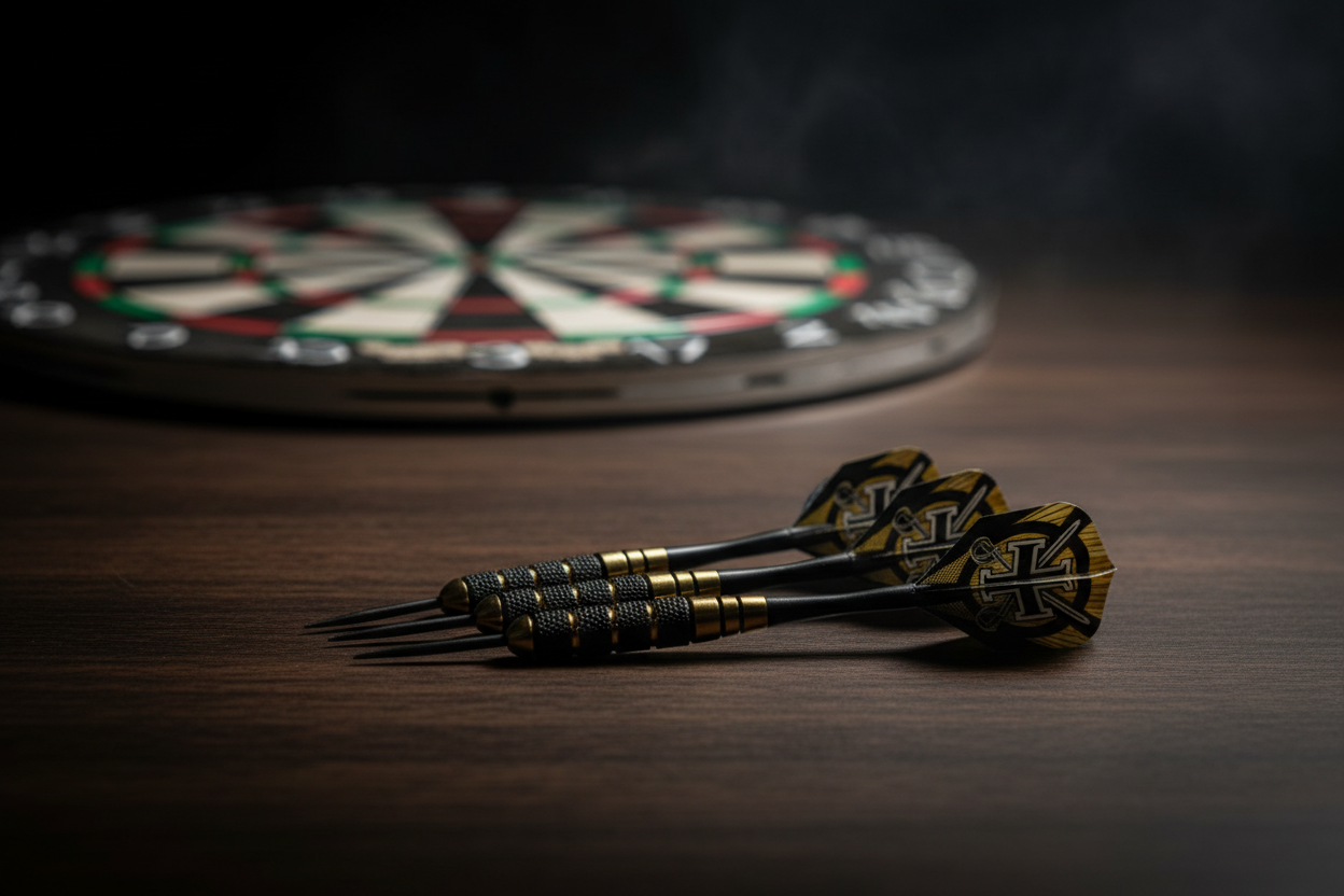 Harrows Voodoo darts arranged on surface