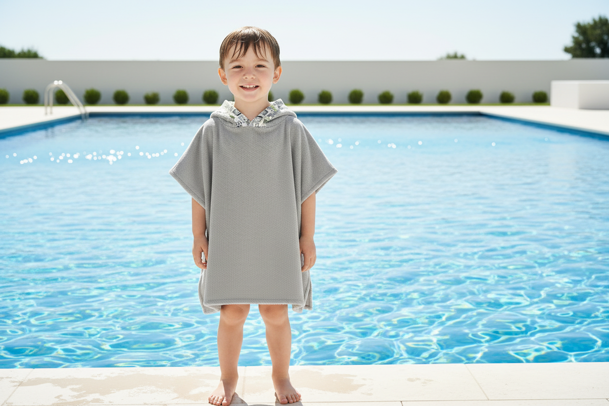 Kid at the pool wearing gray hooded poncho towel