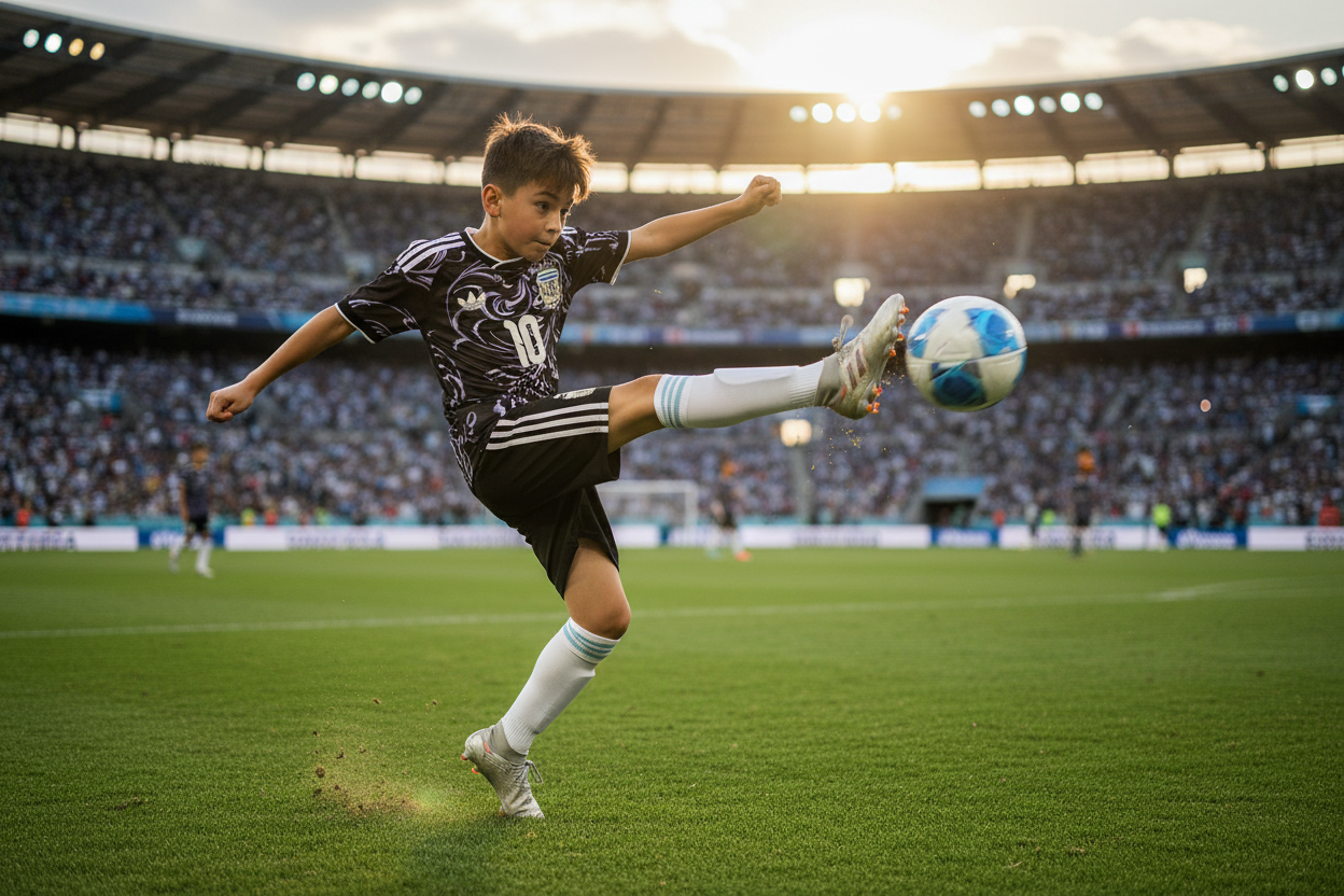 Kid Playing Football in Argentina Away Kit