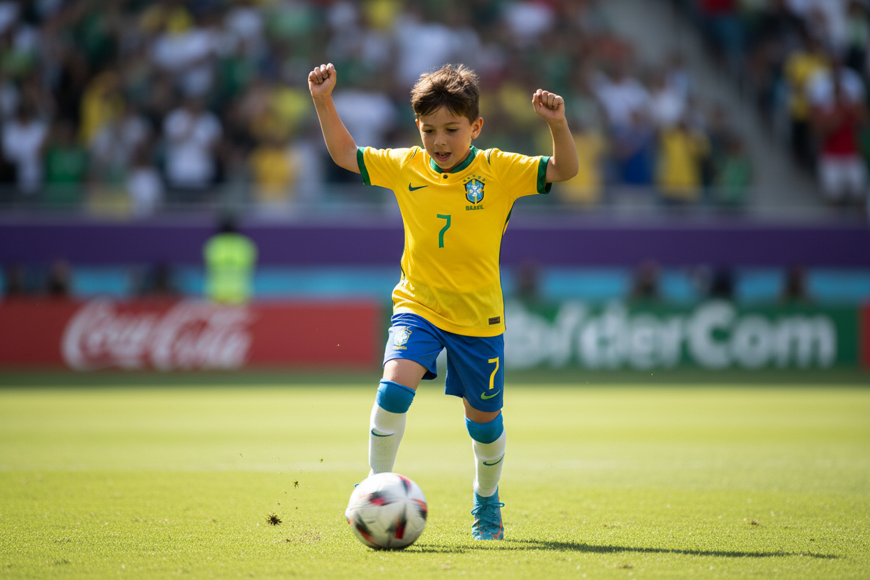 Kid Playing Football in Brazil Home Kit