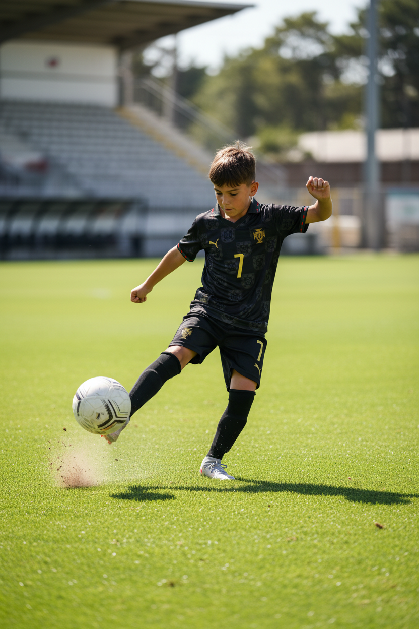 Kid Playing Football in Portugal Black Kit