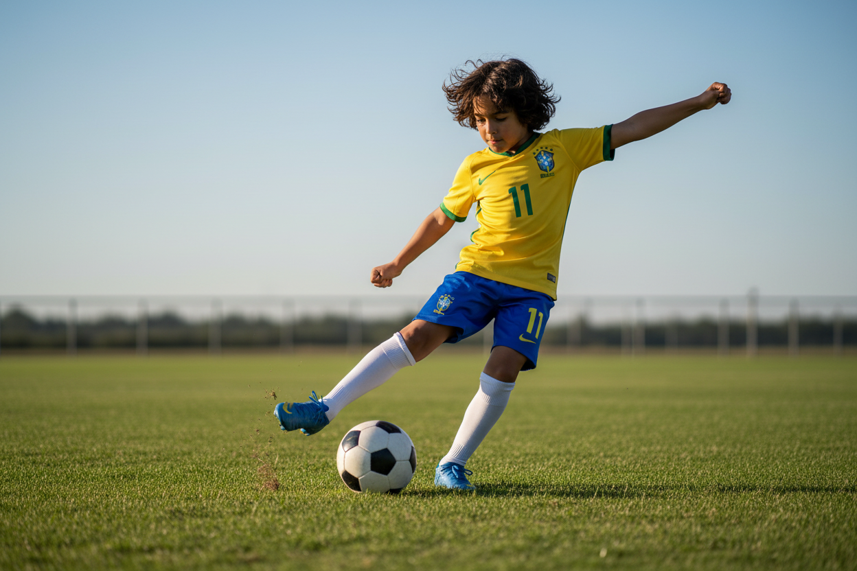 Kid wearing Brazil #11 kit playing football