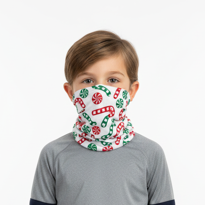 Kid wearing Candy Cane neck gaiter
