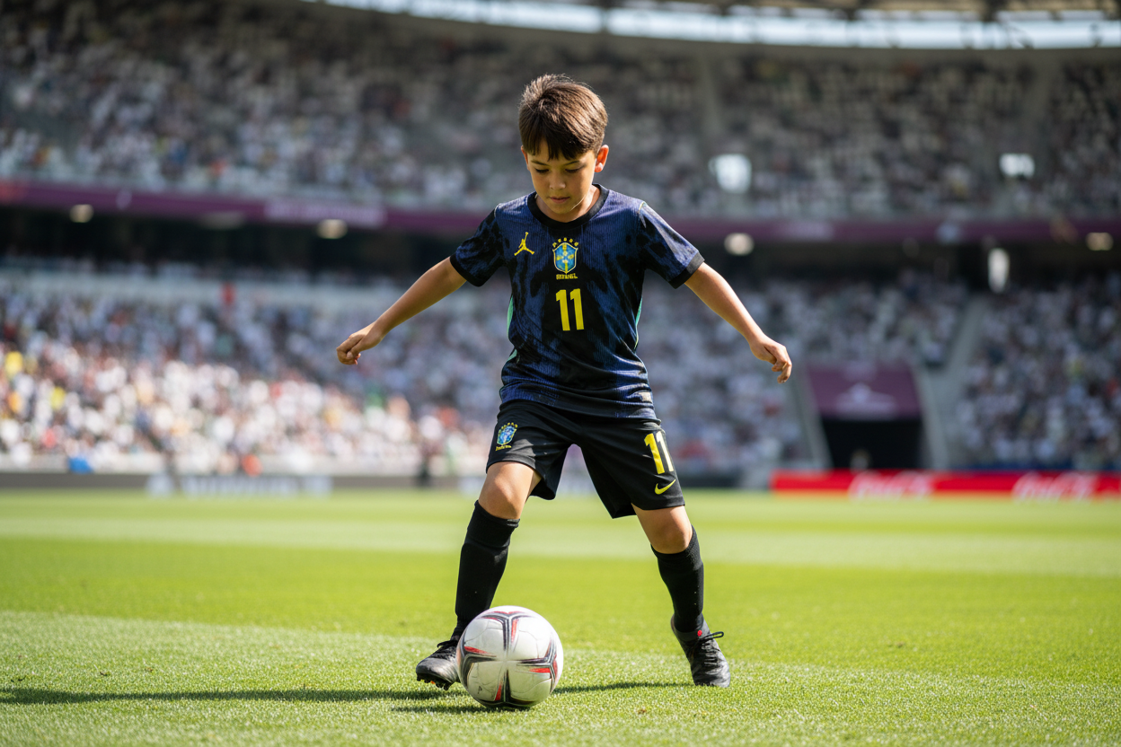 Kid wearing Jordan Brazil #11 Away Kit playing football