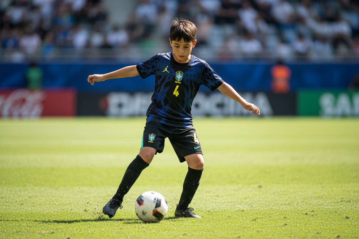 Kid wearing Jordan Brazil #4 Away Kit playing football