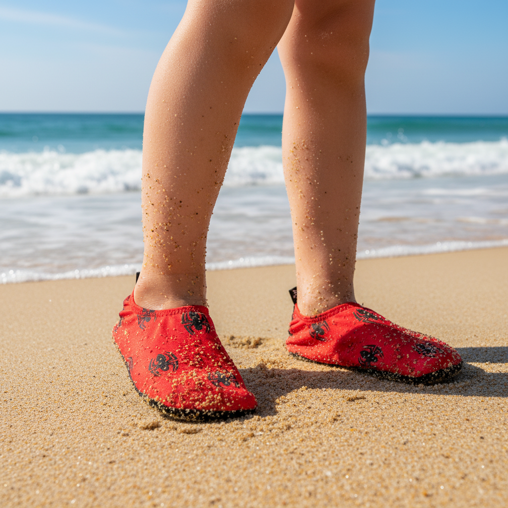 Kid wearing red spider slippers at the beach