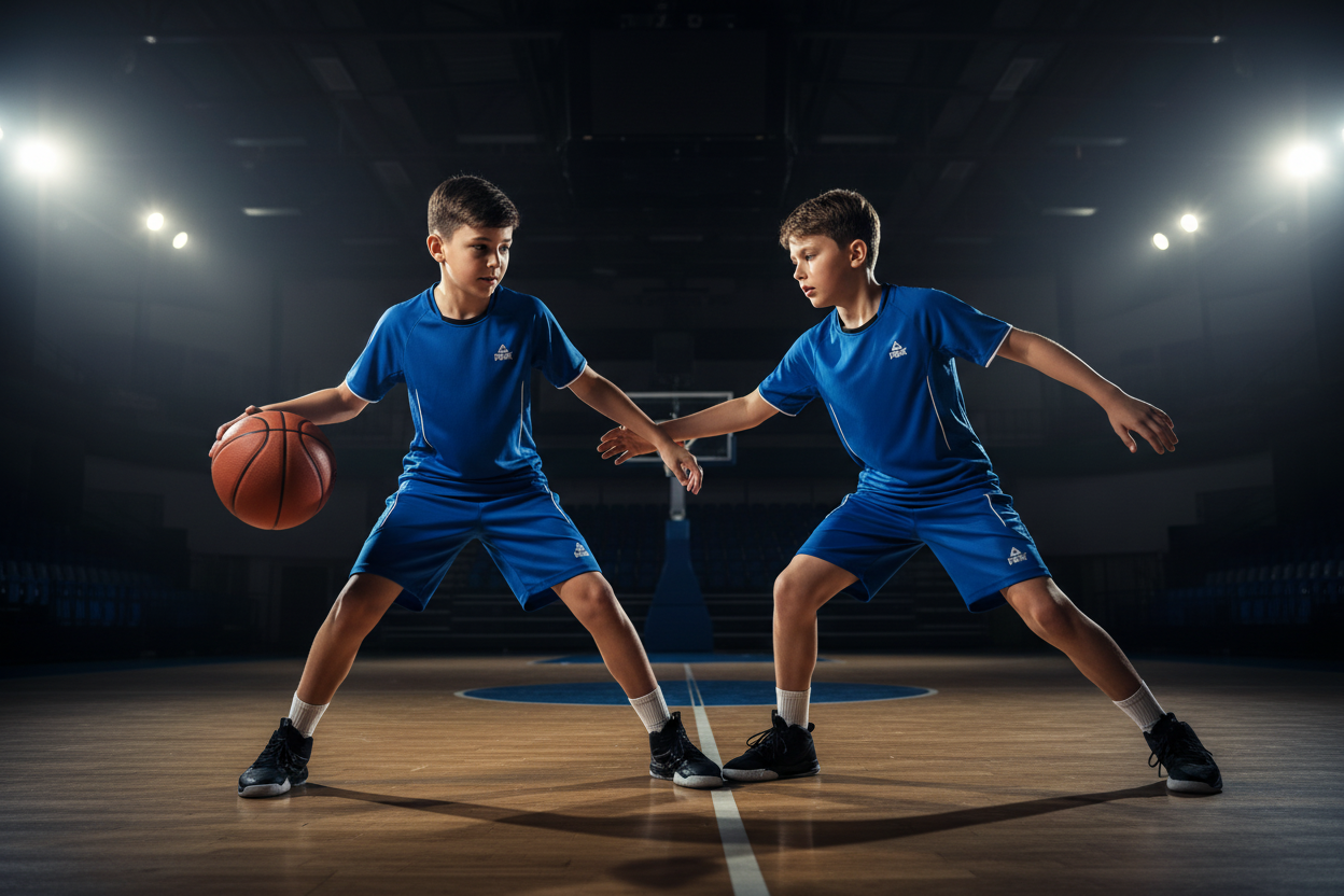 Kids 12 and 14 in blue PEAK uniforms playing basketball