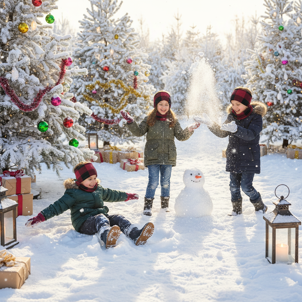 Kids playing in snow with Christmas trees