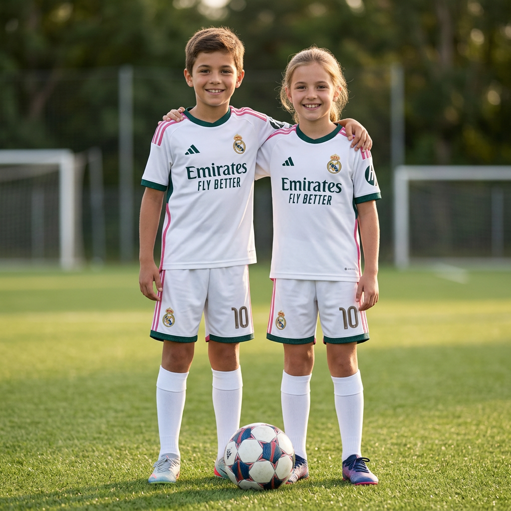 Kids wearing the football kit on a pitch